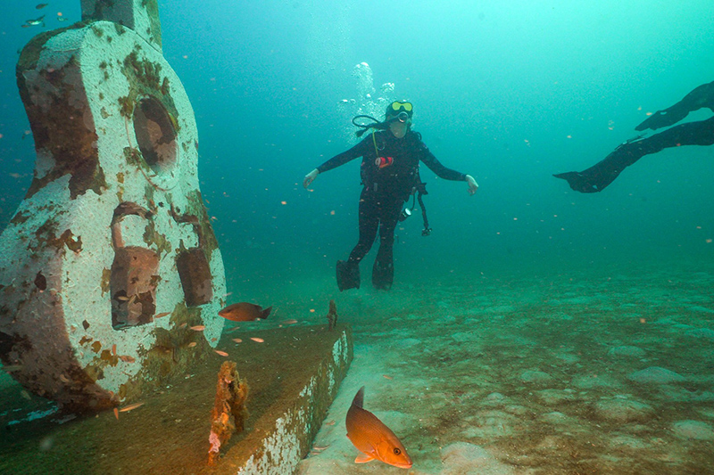 Scuba divers at Underwater Museum of Art